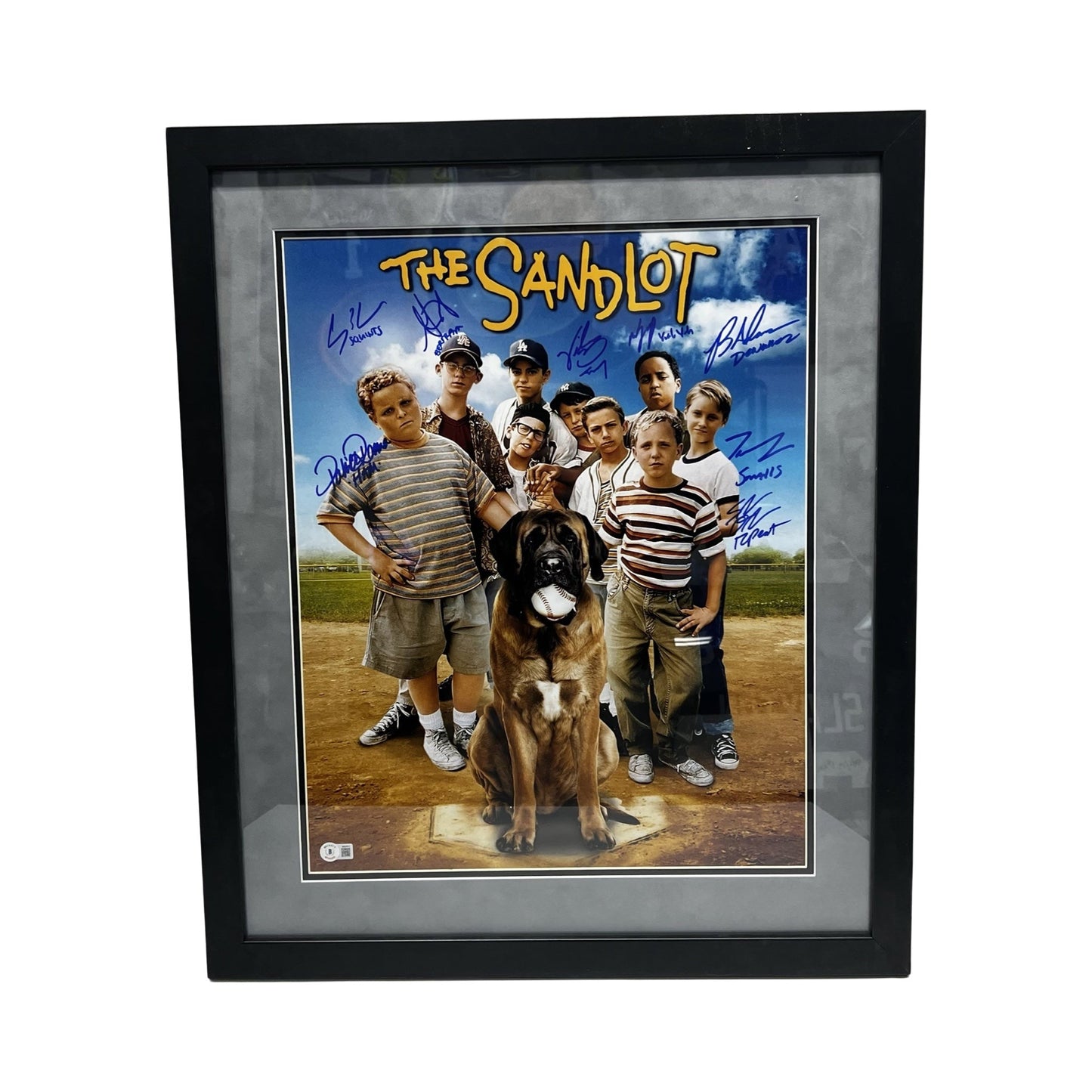 The Sandlot Cast Autographed Movie Poster Full Dog 8 Cast Members 16x20 w/ Character Name Inscriptions Beckett - Framed