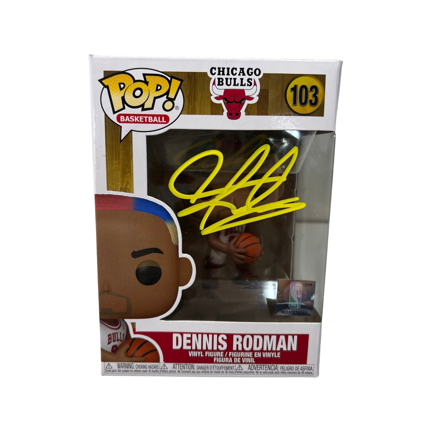 Dennis Rodman Autographed Chicago Bulls Funko Pop Yellow Ink Beckett