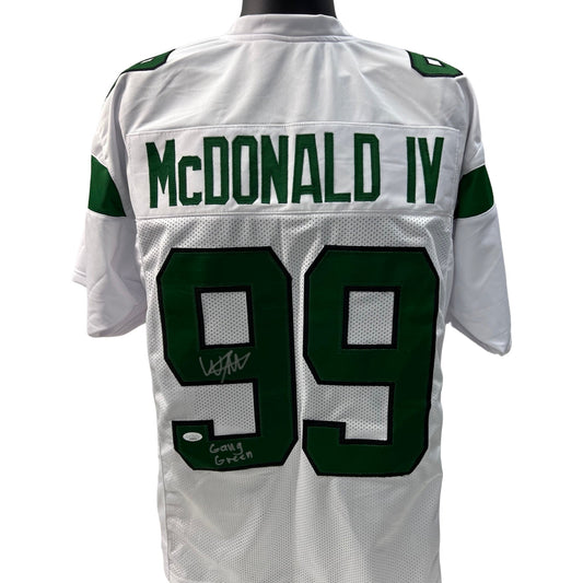 Will McDonald Autographed New York Jets White Jersey Gang Green Inscription JSA