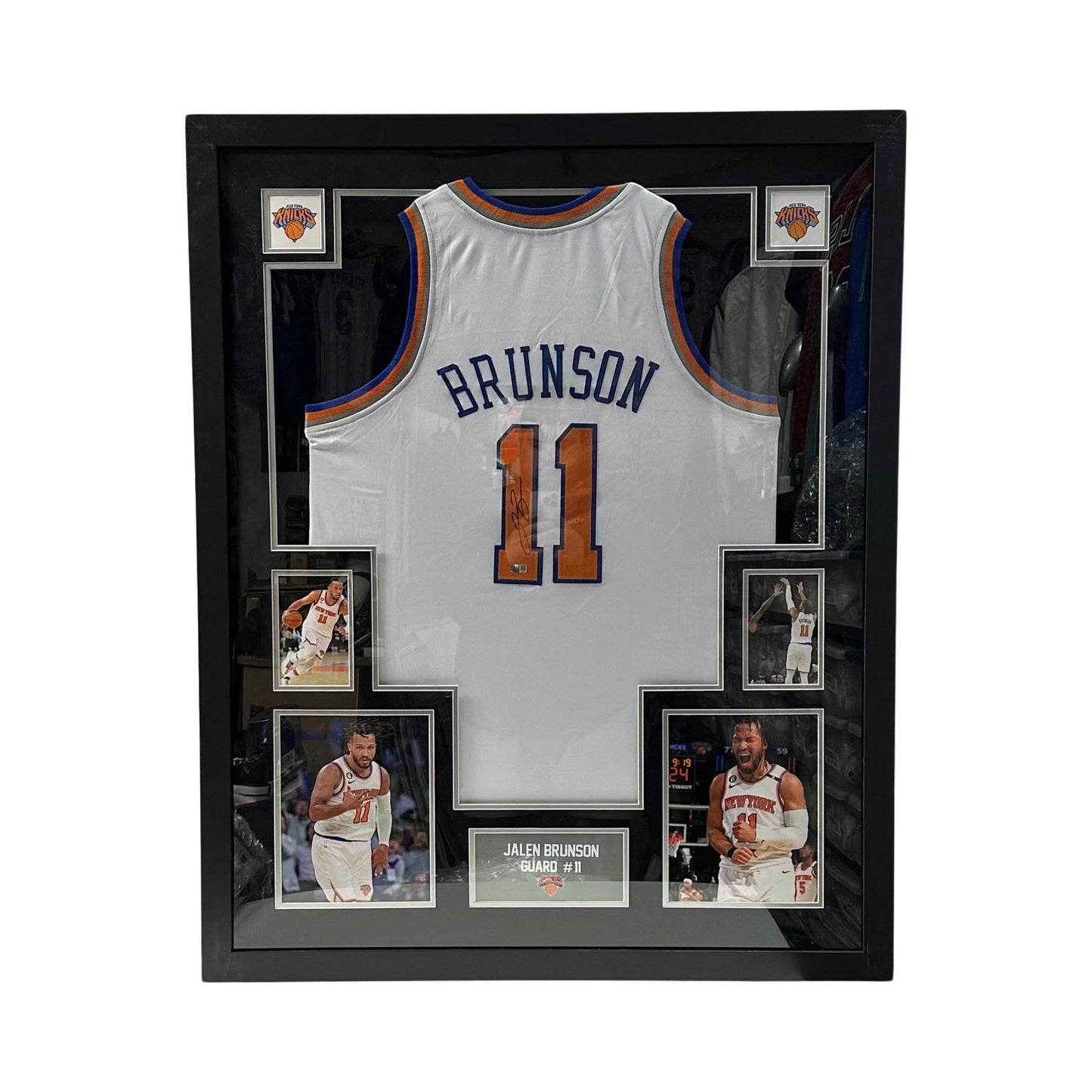Jalen Brunson Autographed New York Knicks Framed White Jersey Black Mat Steiner CX