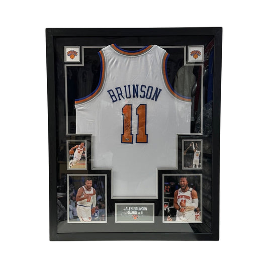 Jalen Brunson Autographed New York Knicks Framed White Jersey Black Mat Steiner CX