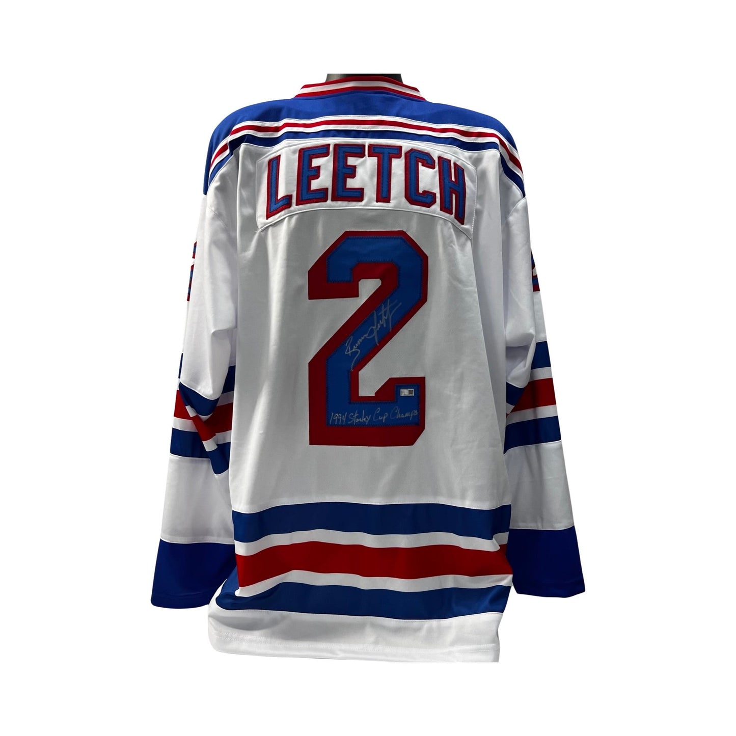 Brian Leetch Autographed New York Rangers White Jersey 1994 Stanley Cup Champs Inscription Steiner CX