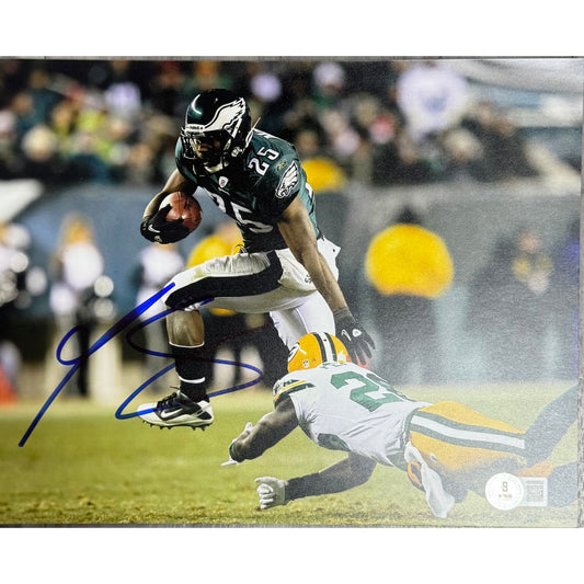 Lesean McCoy Autographed Philadelphia Eagles Green Jersey Stiff Arm 8x10 Beckett BAS