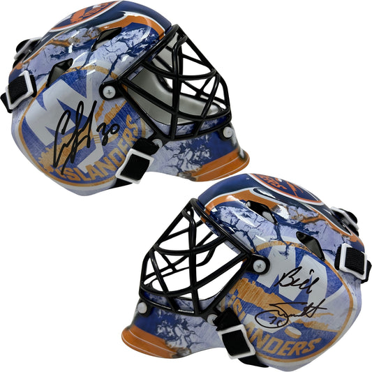 Billy Smith & Ilya Sorokin Autographed New York Islanders Mini Goalie Mask Beckett & Steiner CX