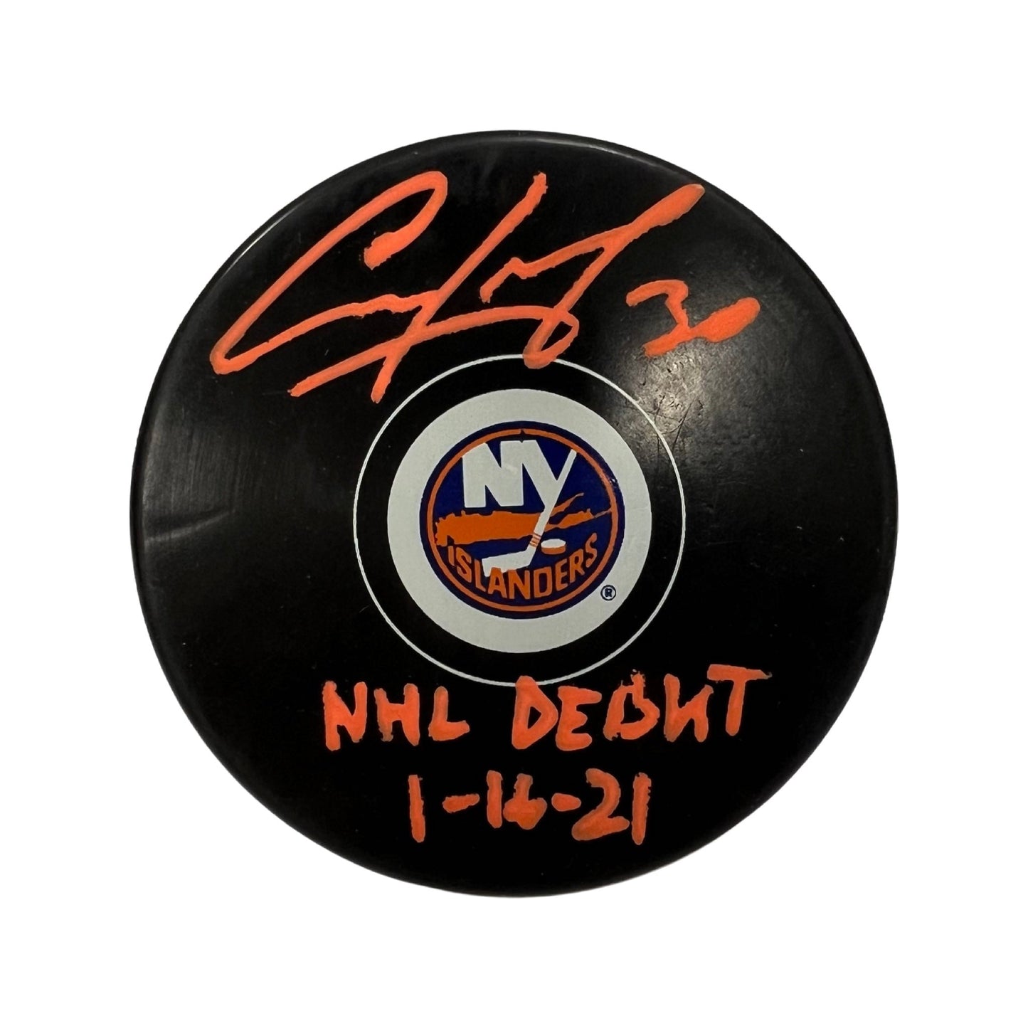 Ilya Sorokin Autographed New York Islanders Logo Puck NHL Debut 1-16-21 Inscription Beckett