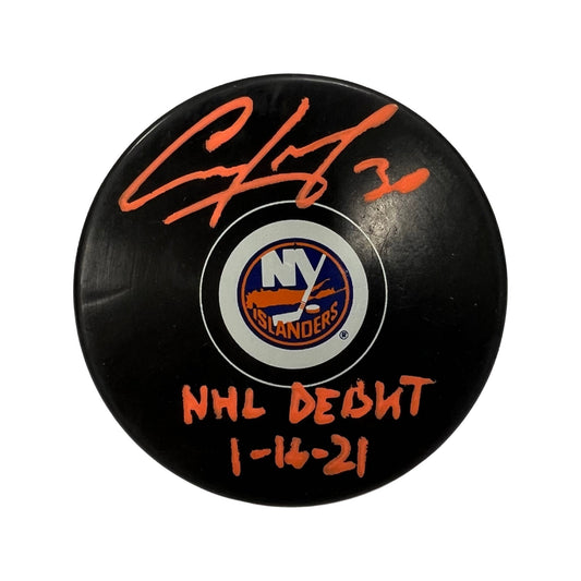 Ilya Sorokin Autographed New York Islanders Logo Puck NHL Debut 1-16-21 Inscription Beckett