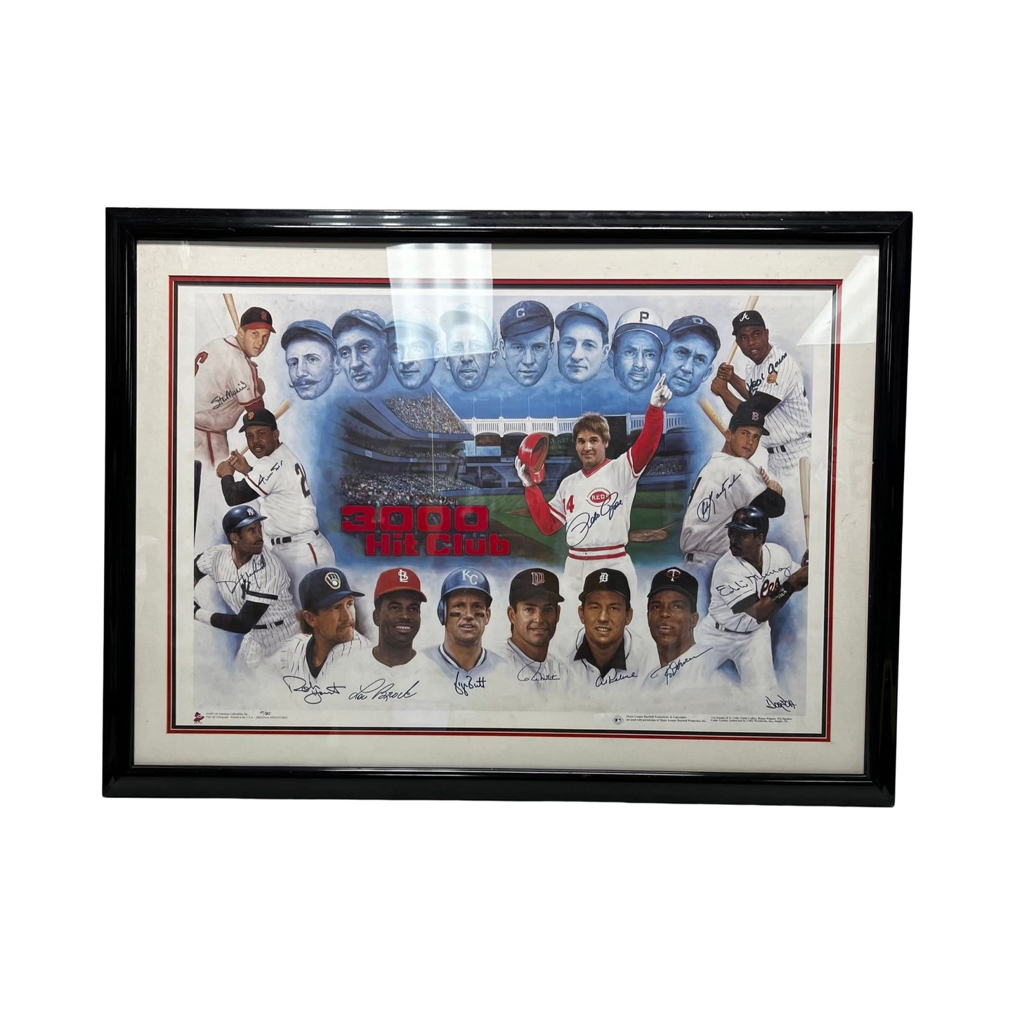 Triple Crown Autographed Hank Aaron, Willie Mays, George Brett, Lou Brock, Robin Yount, Stan Musial, Paul Molitor, Hank Aaron, Pete Rose, Eddie Murray, Dave Winfield, Al Kaline, Carl Yastremski, Rod Carew & Artist Doo S. Oh Framed 27x40 All American