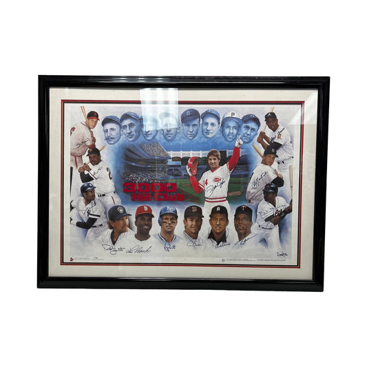 Triple Crown Autographed Hank Aaron, Willie Mays, George Brett, Lou Brock, Robin Yount, Stan Musial, Paul Molitor, Hank Aaron, Pete Rose, Eddie Murray, Dave Winfield, Al Kaline, Carl Yastremski, Rod Carew & Artist Doo S. Oh Framed 27x40 All American