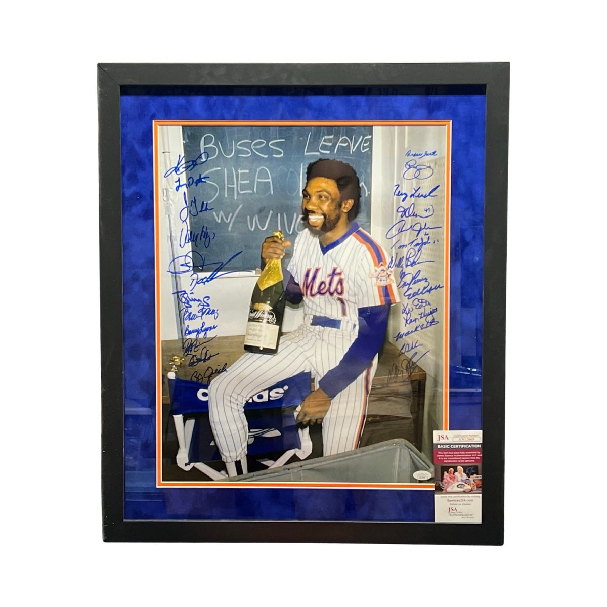 1986 New York Mets Team Autographed Mookie Wilson Champagne 16x20 vertical 26 Total Autographs JSA - Framed
