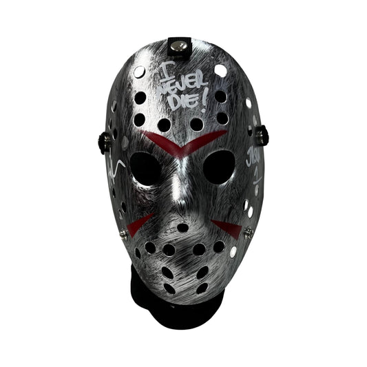 Ari Lehman Autographed Jason Voorhees Friday the 13th Silver Mask “I Never Die!, Jason 1” Inscriptions White Ink Steiner CX