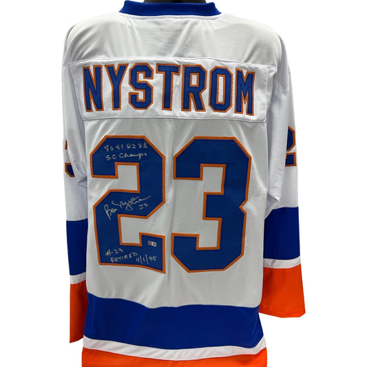 Bob Nystrom Autographed New York Islanders White Jersey “80 81 82 83 SC Champs, #23 Retired 4/1/95” Inscriptions Steiner CX