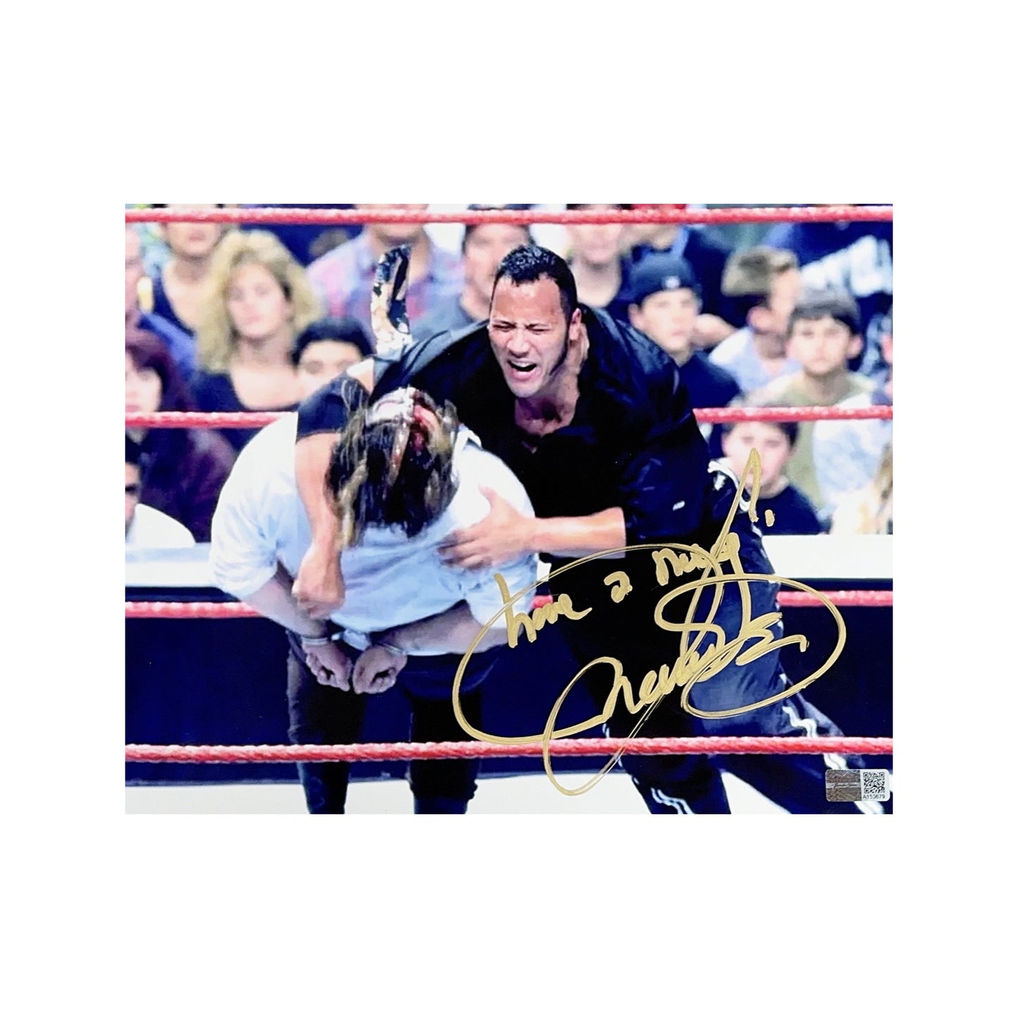 Mick Foley Autographed Mankind WWE Tackle vs The Rock 8x10 Have a Nice Day Inscription Steiner CX