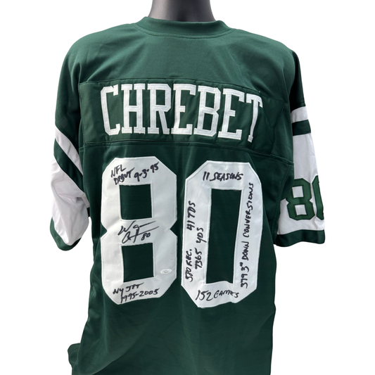 Wayne Chrebet Autographed New York Jets Green Jersey “NFL Debut 9-3-95, NY Jets 1995-2005, 11 Seasons, 152 Games, 580 Rec, 41 TDs, 7365 Yds, 379 3rd Down Conversions” Inscriptions JSA