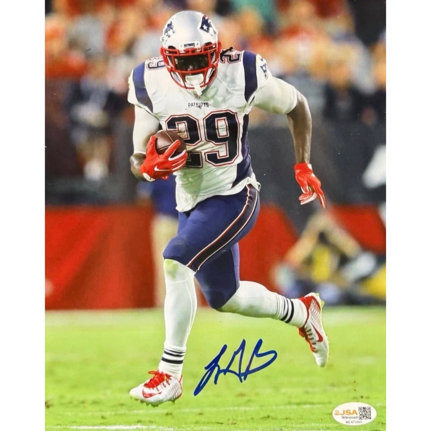 LeGarrett Blount New England Patriots Autographed White Jersey Running 8x10 JSA