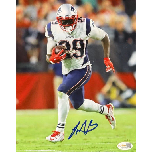 LeGarrett Blount New England Patriots Autographed White Jersey Running 8x10 JSA