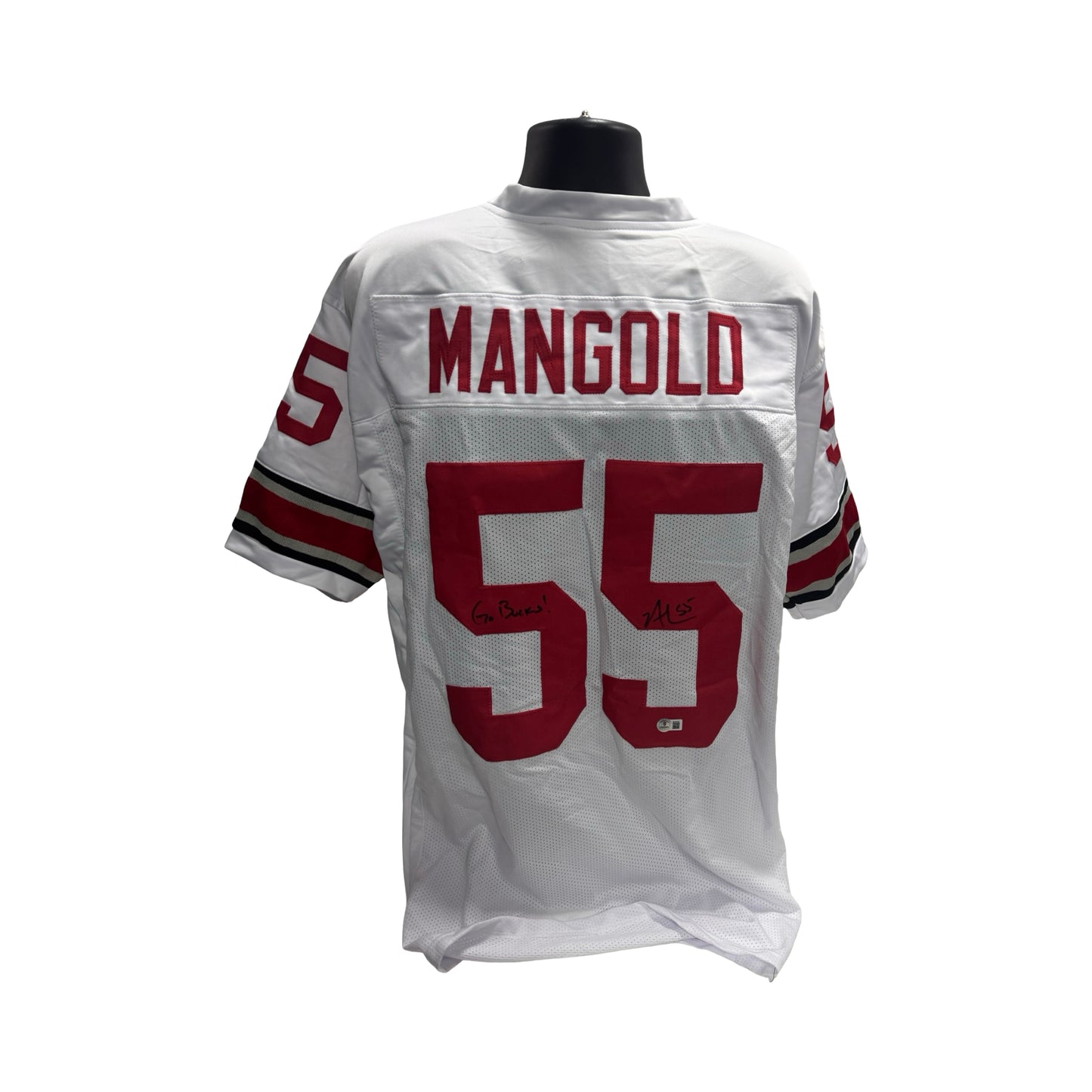 Nick Mangold Autographed Ohio State Buckeyes White Jersey Go Bucs Inscription BAS