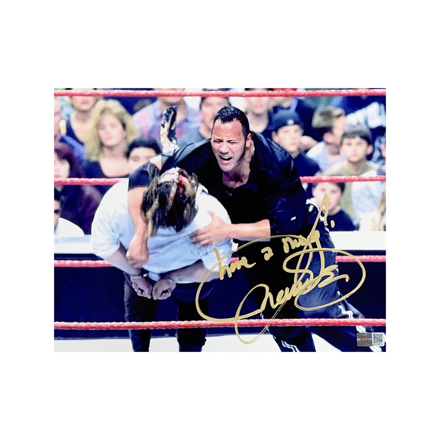Mick Foley Autographed Mankind WWE Tackle vs The Rock 8x10 “Have a Nice Day” Inscription Steiner CX