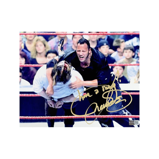 Mick Foley Autographed Mankind WWE Tackle vs The Rock 8x10 “Have a Nice Day” Inscription Steiner CX