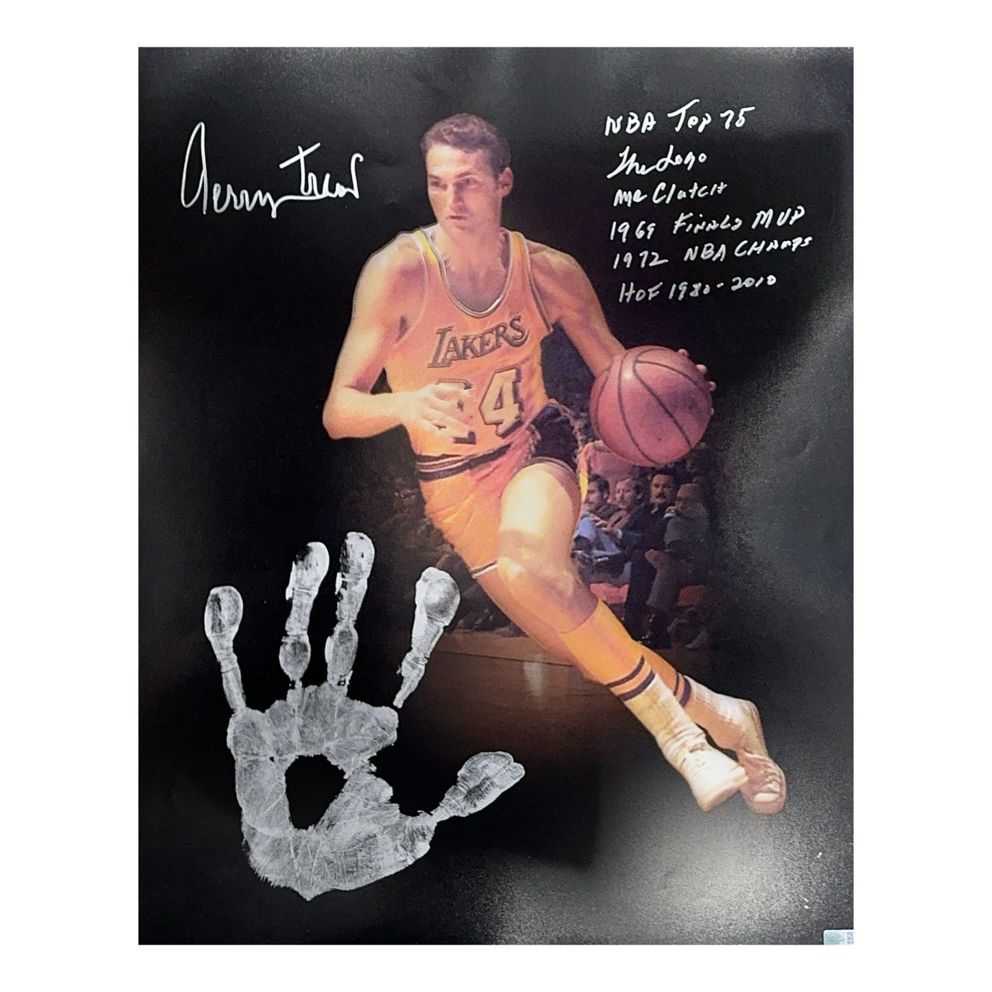 Jerry West Autographed Los Angeles Lakers Blackout Edit 16x20 w/ Handprint "NBA Top 75, The Logo, Mr Clutch, 1969 Finals MVP, 1972 NBA Champ, HOF 1980-2010" Inscriptions Steiner CX