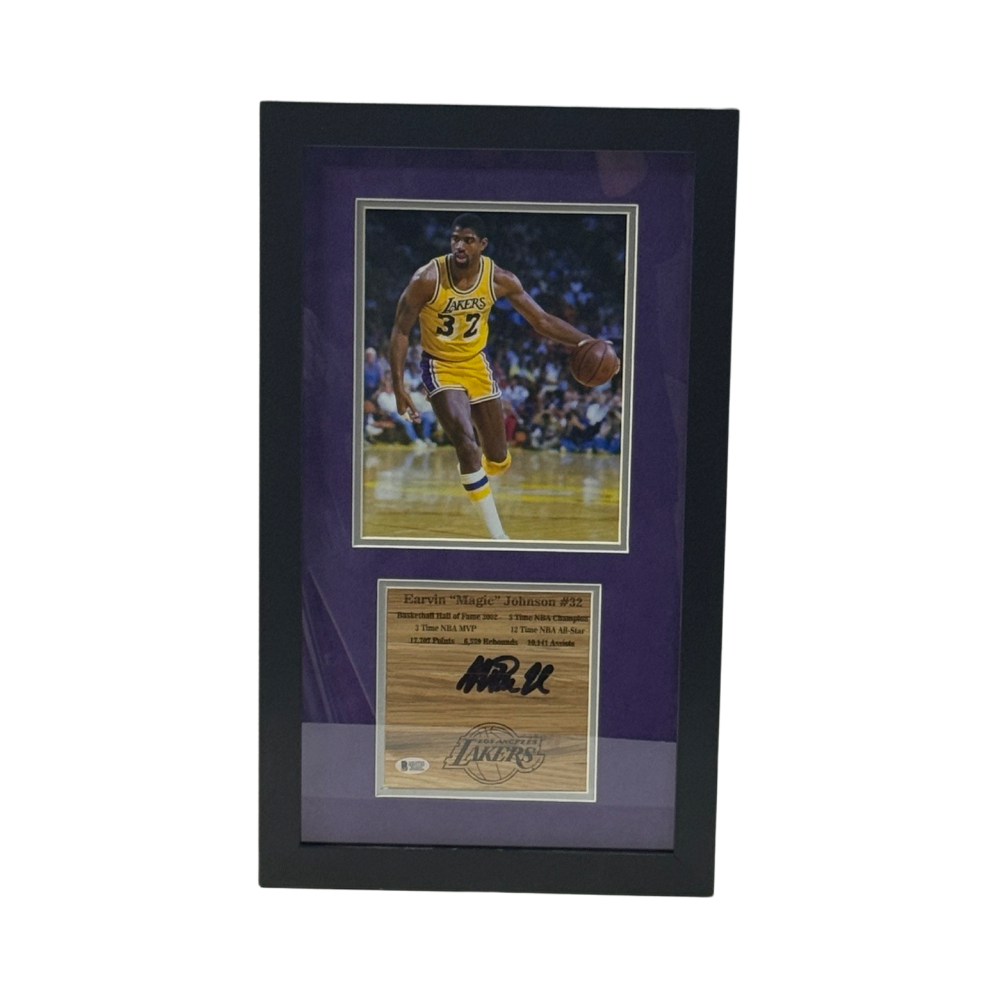 Magic Johnson Autographed Los Angeles Lakers Framed Floor Piece 11x20 Beckett