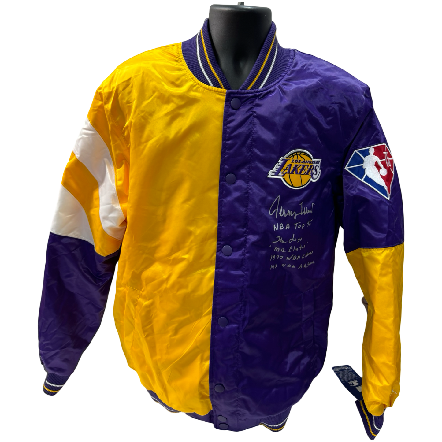 Jerry West Autographed Los Angeles Lakers Purple Starter Jacket Reliever Varsity Satin Raglan Full Snap Jacket "NBA Top 75, The Logo, Mr Clutch, 1972 NBA Champs, 14x NBA Champ" Inscriptions Steiner CX