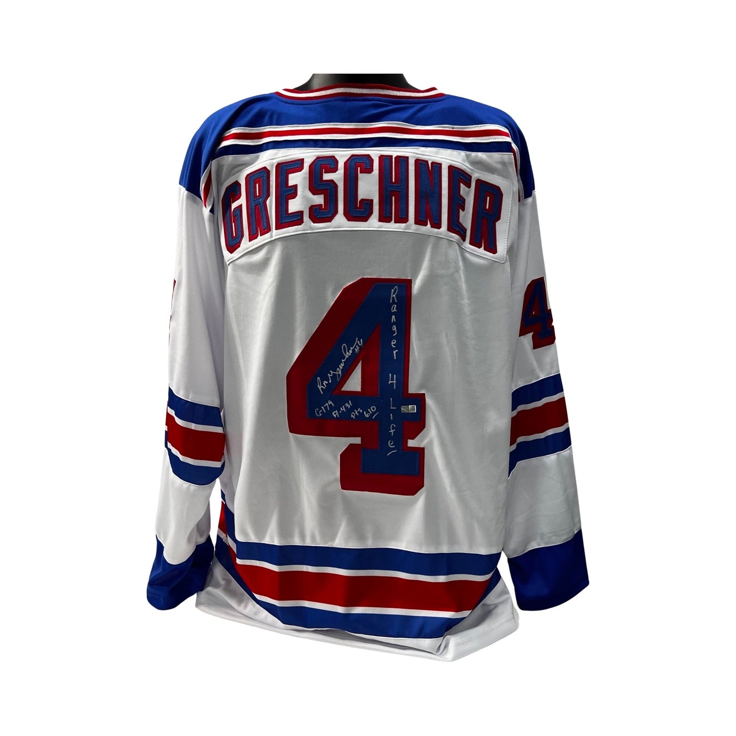Ron Greschner Autographed New York Rangers White Jersey Ranger 4 Life, G-179, A-431, Pts-610 Inscriptions Steiner CX