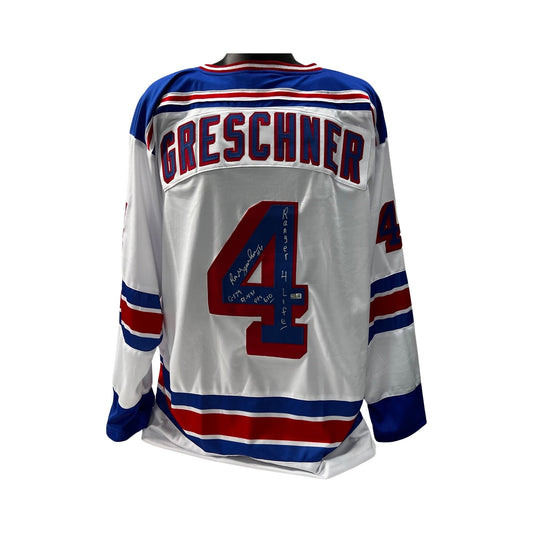 Ron Greschner Autographed New York Rangers White Jersey Ranger 4 Life, G-179, A-431, Pts-610 Inscriptions Steiner CX