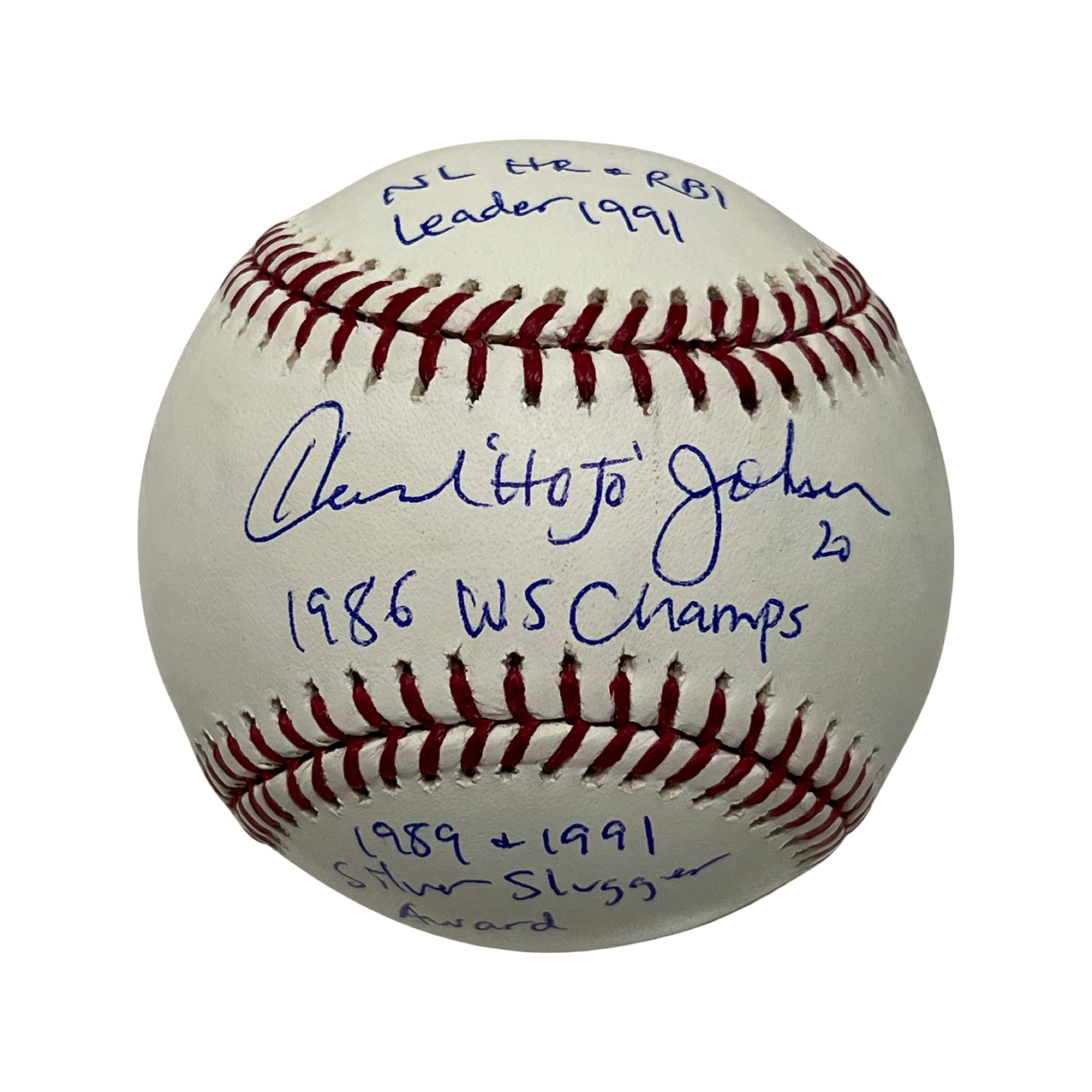 Howard Johnson Autographed New York Mets OMLB 1986 WS Champs, NL HR + RBI Leader 1991, 1989 + 1991 Silver Slugger Award Inscriptions JSA
