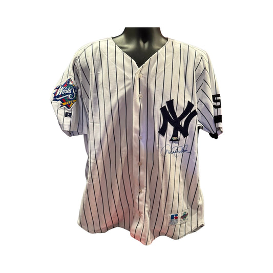 Derek Jeter Autographed New York Yankees 1999 World Series Patch Pinstripe Russell Authentic Front Sig Jersey w/ Armband LE 398/500 Steiner