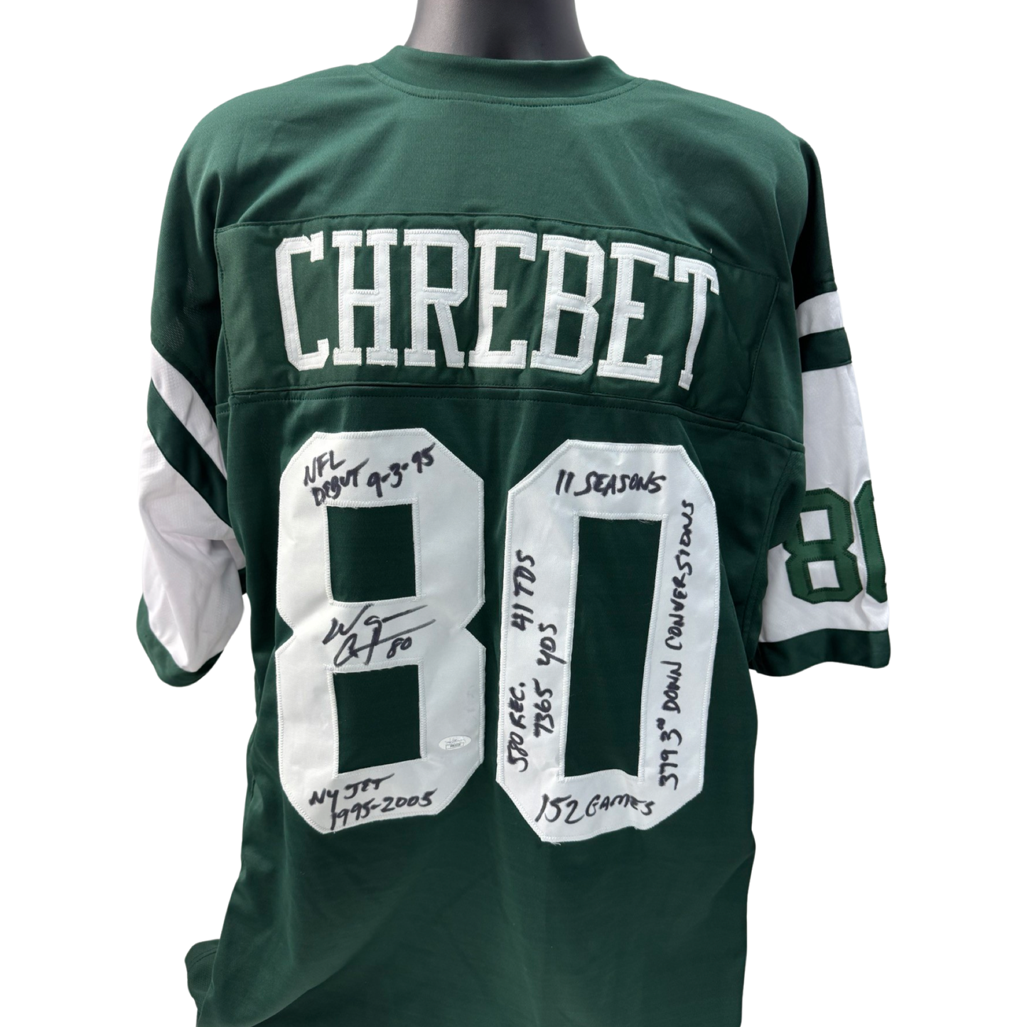 Wayne Chrebet Autographed New York Jets Green Jersey NFL Debut 9-3-95, NY Jets 1995-2005, 11 Seasons, 152 Games, 580 Rec, 41 TDs, 7365 Yds, 379 3rd Down Conversions Inscriptions JSA