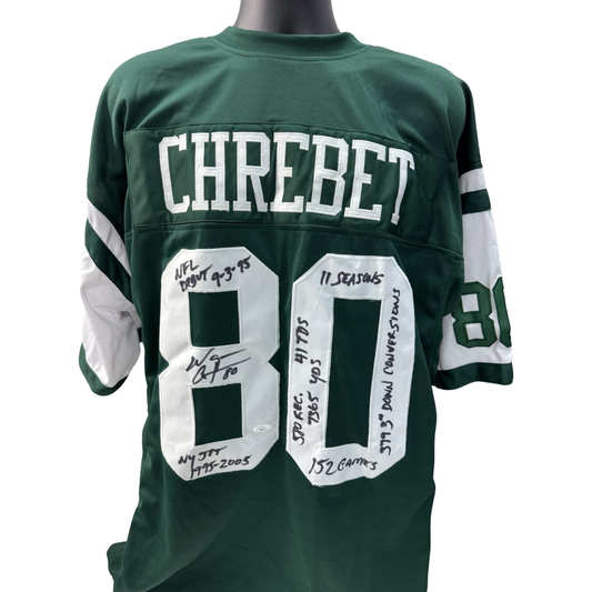Wayne Chrebet Autographed New York Jets Green Jersey NFL Debut 9-3-95, NY Jets 1995-2005, 11 Seasons, 152 Games, 580 Rec, 41 TDs, 7365 Yds, 379 3rd Down Conversions Inscriptions JSA