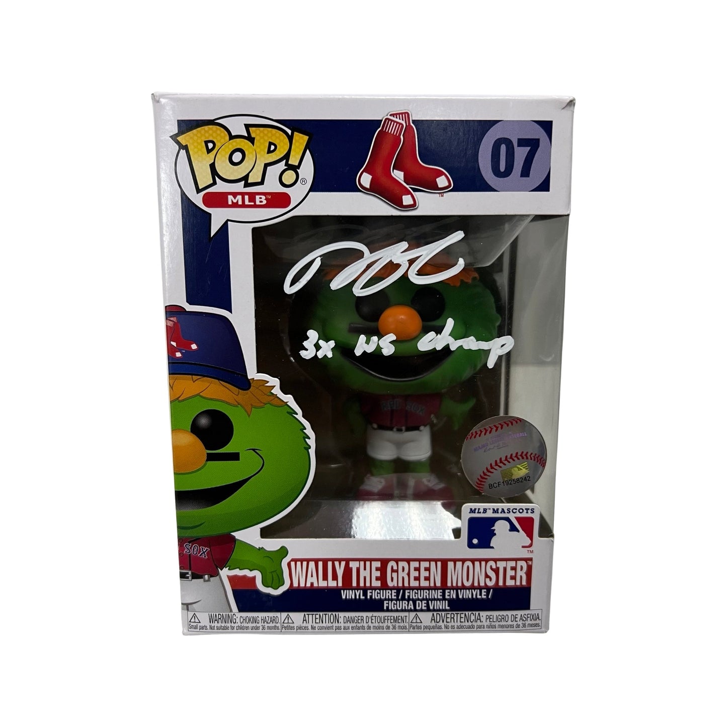 Dustin Pedroia Autographed Boston Red Sox Wally the Green Monster Funko Pop 3x WS Champ Inscription Steiner CX