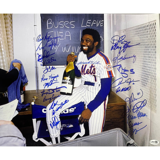 1986 New York Mets Team Autographed Mookie Wilson Champagne 16x20 Horizontal JSA