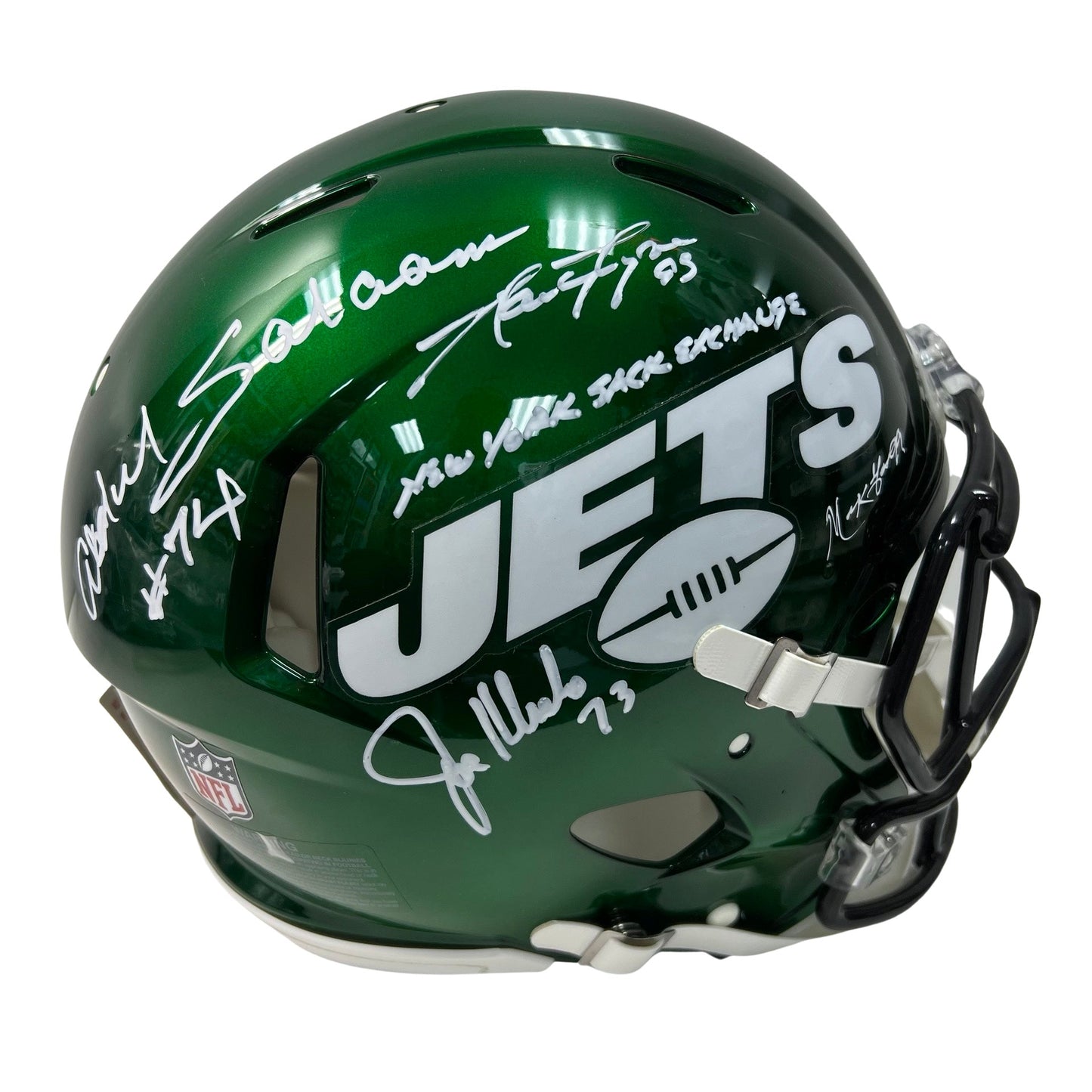 Mark Gastineau, Joe Klecko, Marty Lyons & Abdul Salaam Autographed New York Jets Green Speed Authentic Helmet New York Sack Exchange Inscription JSA