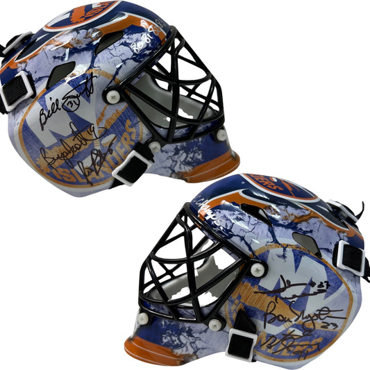 Billy Smith, Bryan Trottier, Denis Potvin, Bob Nystrom, Butch Goring & John Tonelli Autographed New York Islanders Mini Goalie Mask "80,81,82,83 SC Champs" Inscription Steiner