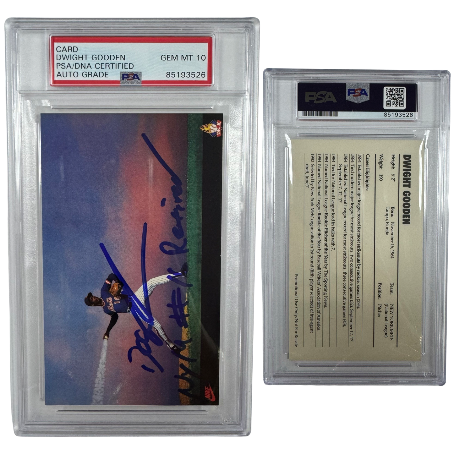 Dwight "Doc" Gooden Autographed Nike Header Dr. K Postcard "NYM #16 Retired" Inscription PSA Auto GEM MT 10