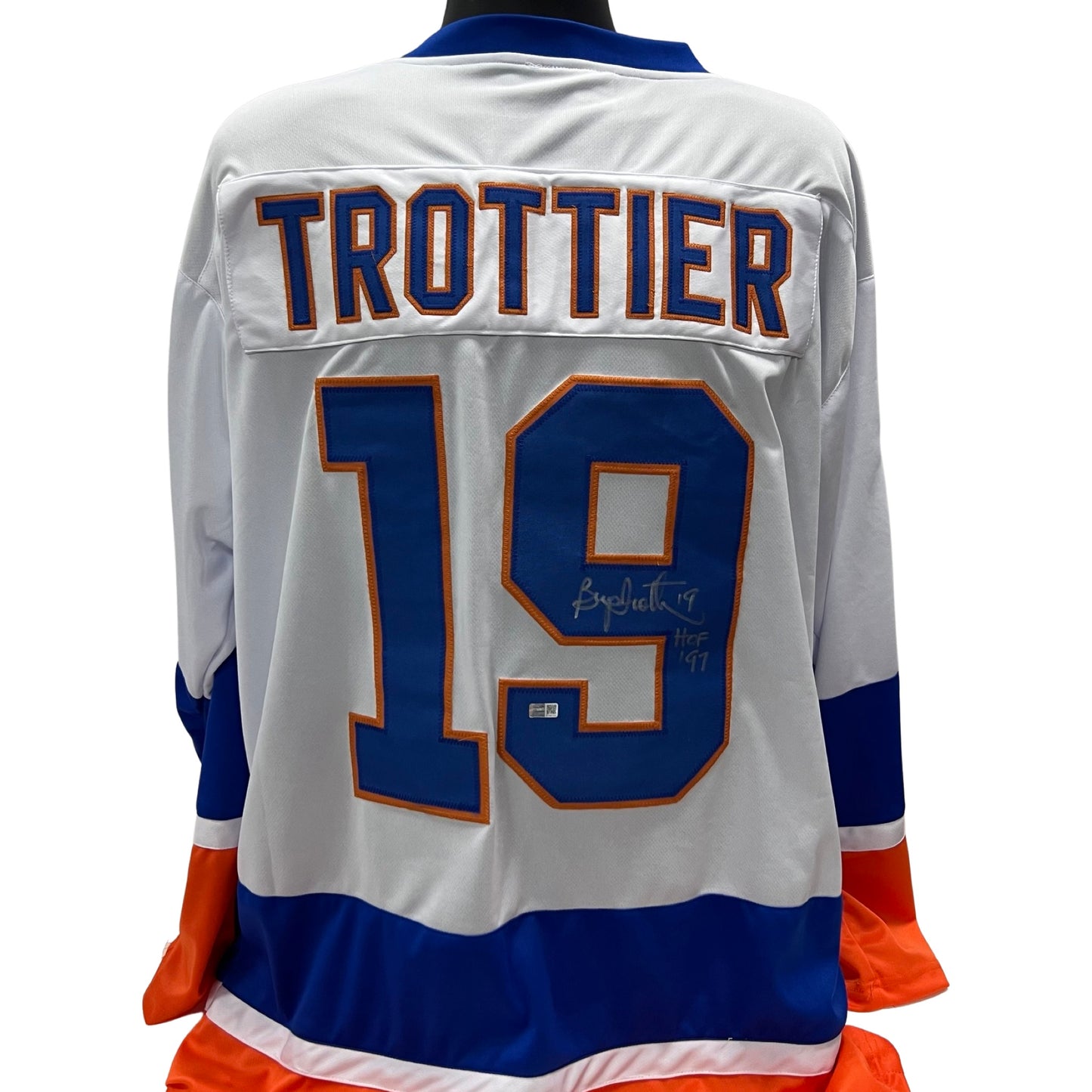 Bryan Trottier Autographed New York Islanders White Jersey "HOF '97" Inscription Steiner CX