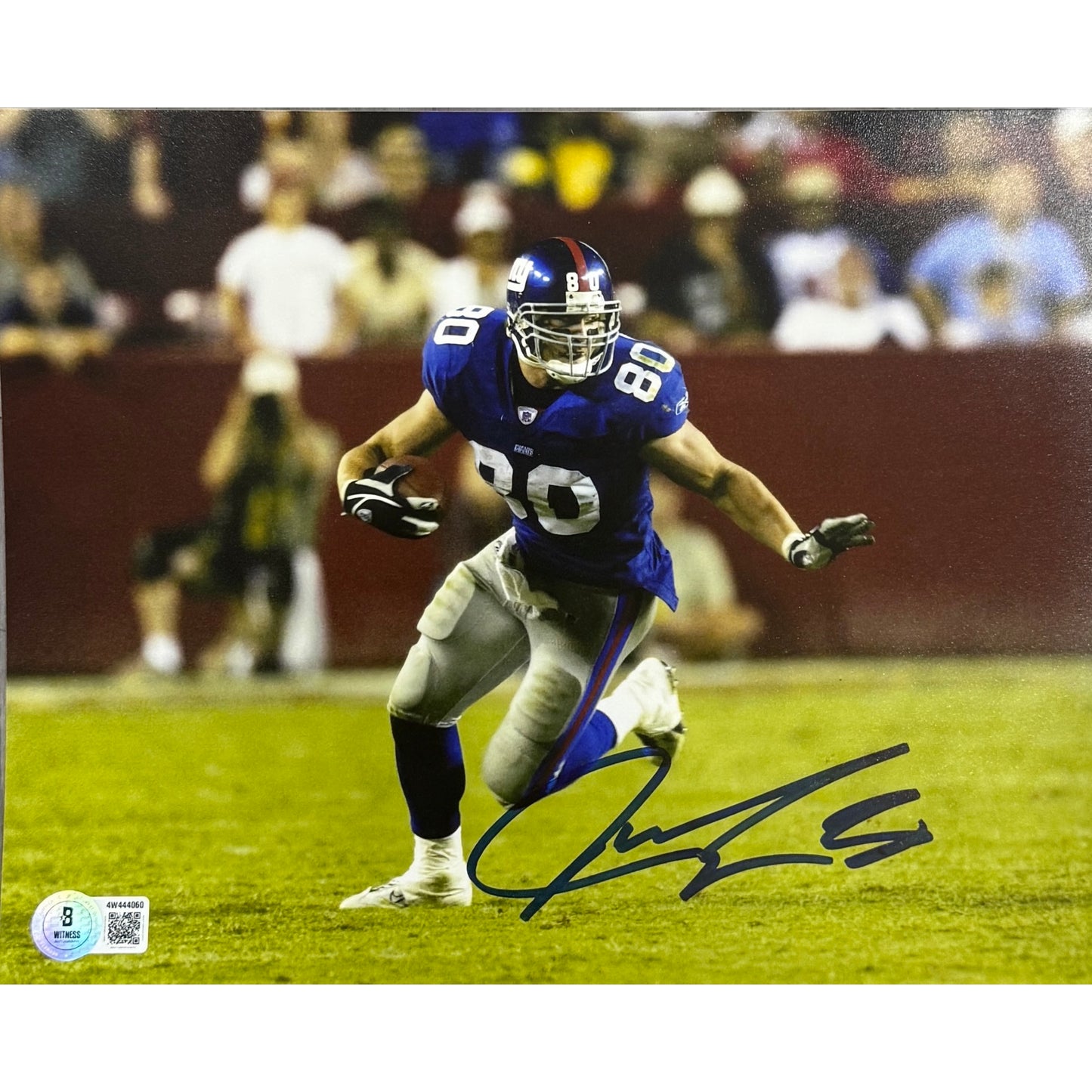 Jeremy Shockey New York Giants Blue Jersey Running Autographed 8x10 Photo BAS