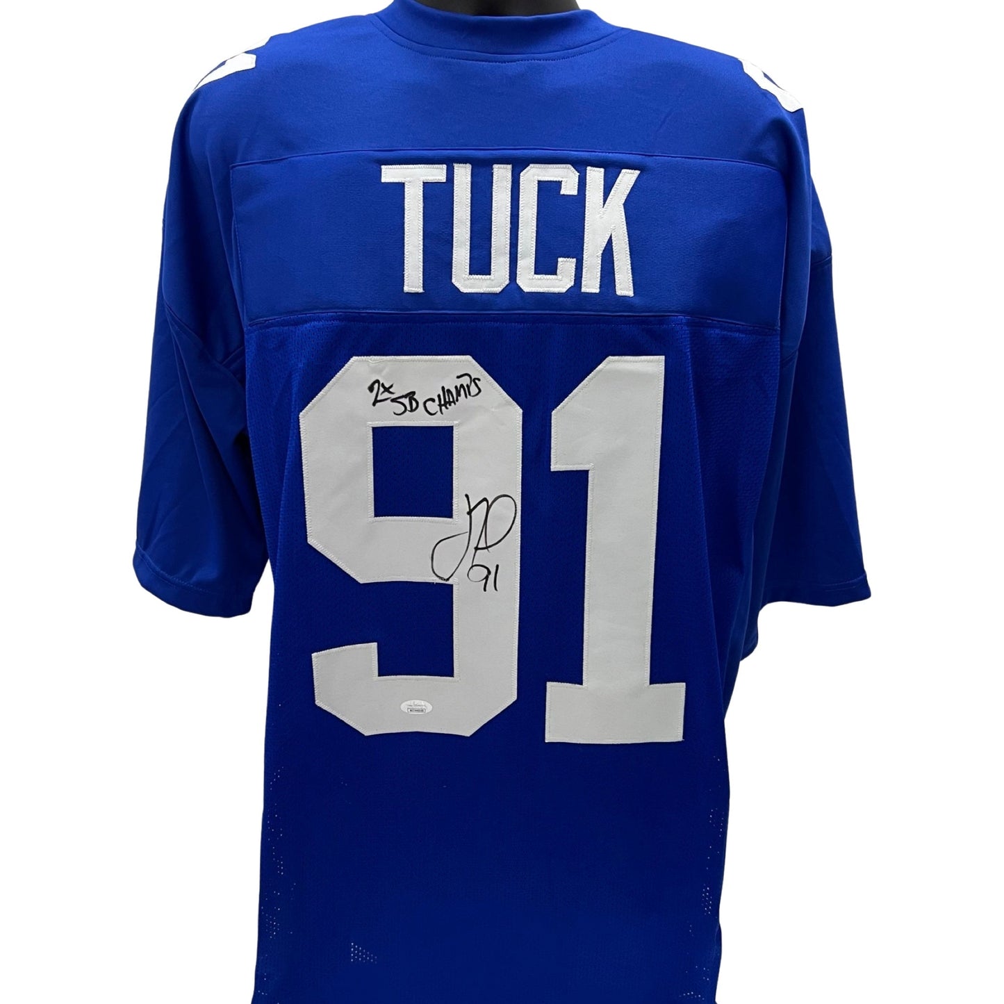 Justin Tuck Autographed New York Giants Blue Jersey 2x SB Champs Inscription JSA