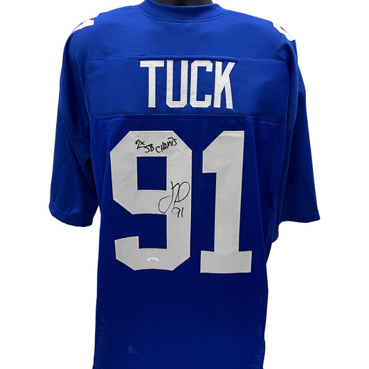 Justin Tuck Autographed New York Giants Blue Jersey 2x SB Champs Inscription JSA