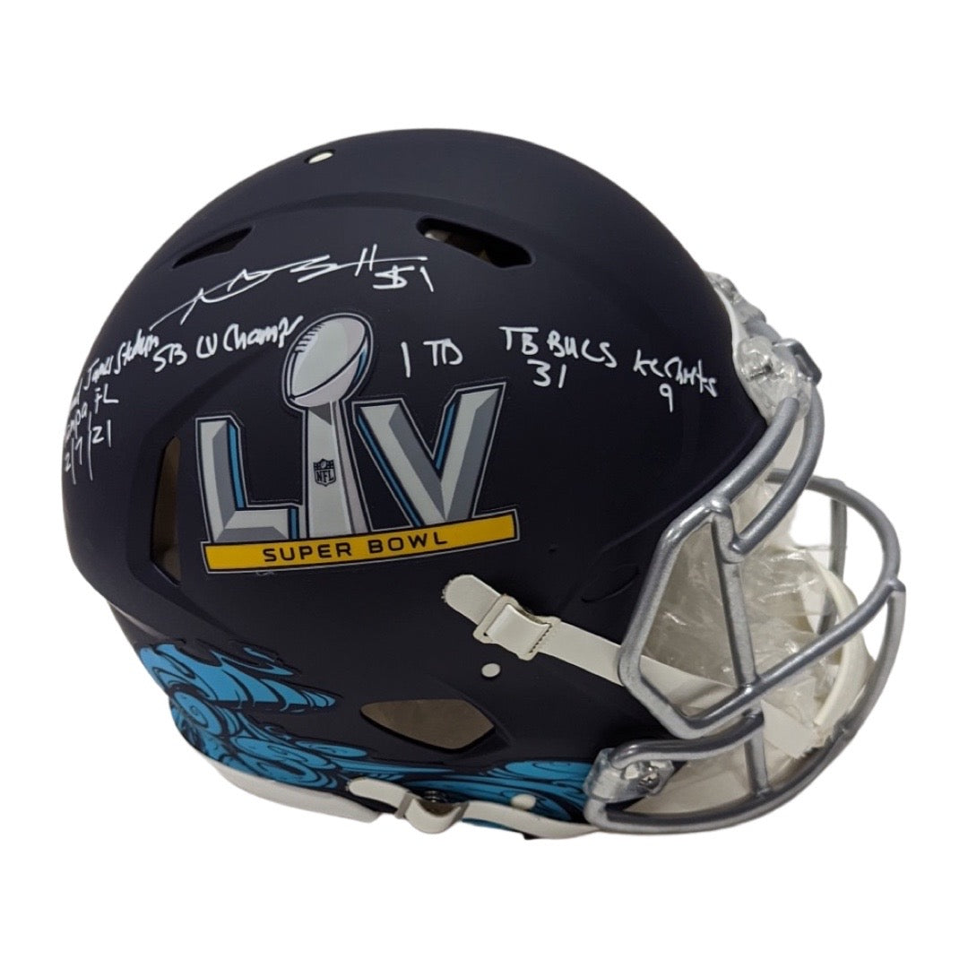 Antonio Brown Autographed Tampa Bay Buccaneers Super Bowl LV Authentic Helmet “Raymond James Stadium Tampa, FL 2/7/21, SB LV Champs, 1 TD, TB Bucs 31 KC Chiefs 9" Inscriptions JSA