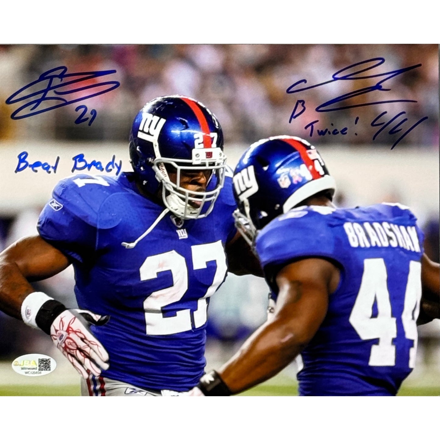 Ahmad Bradshaw & Brandon Jacobs Autographed Beat Brady Five 8x10 JSA