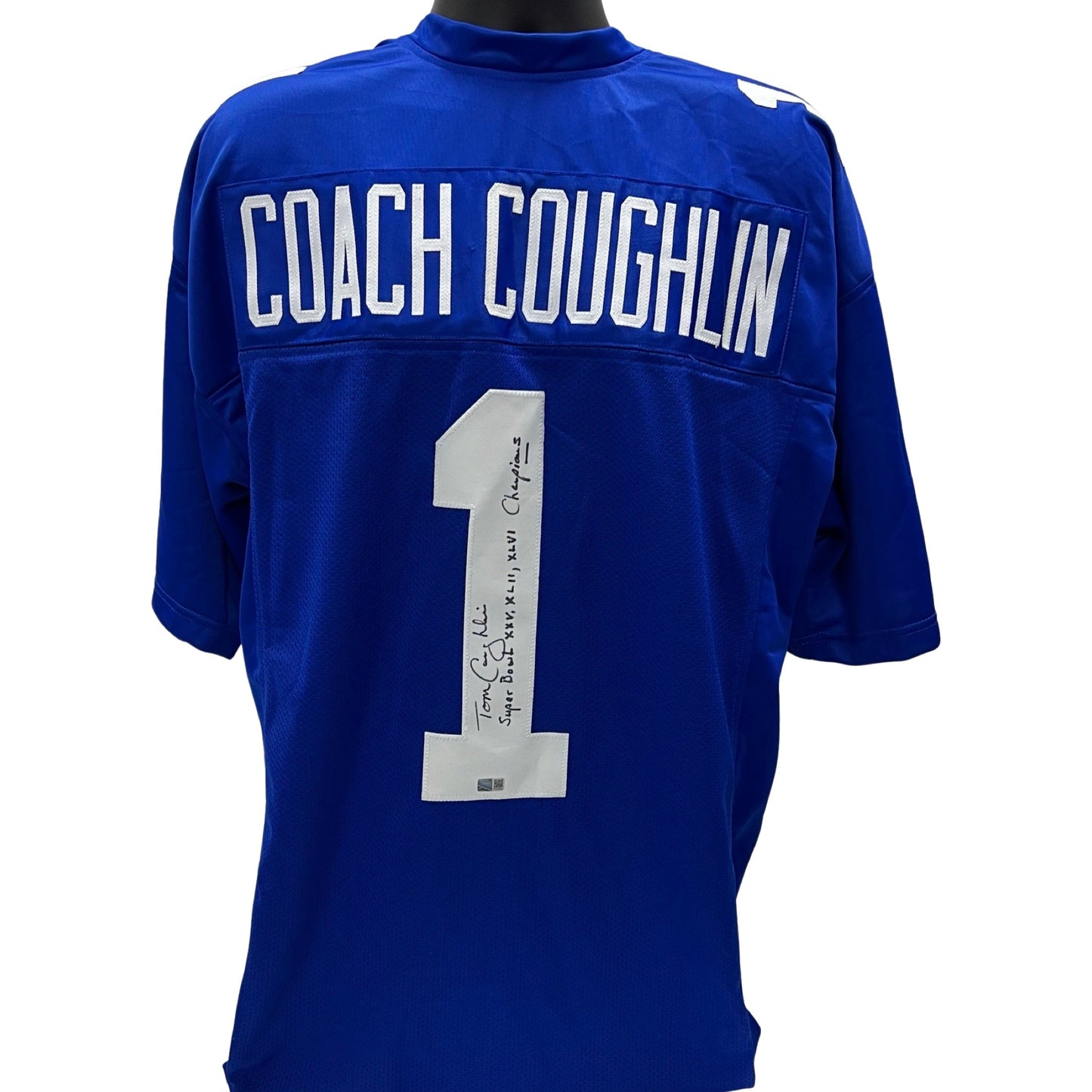 Tom Coughlin Autographed New York Giants Blue Jersey Super Bowl XXV, XLII, XLVI Champions Inscription Steiner CX