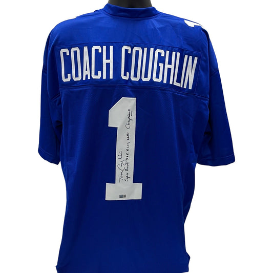 Tom Coughlin Autographed New York Giants Blue Jersey Super Bowl XXV, XLII, XLVI Champions Inscription Steiner CX