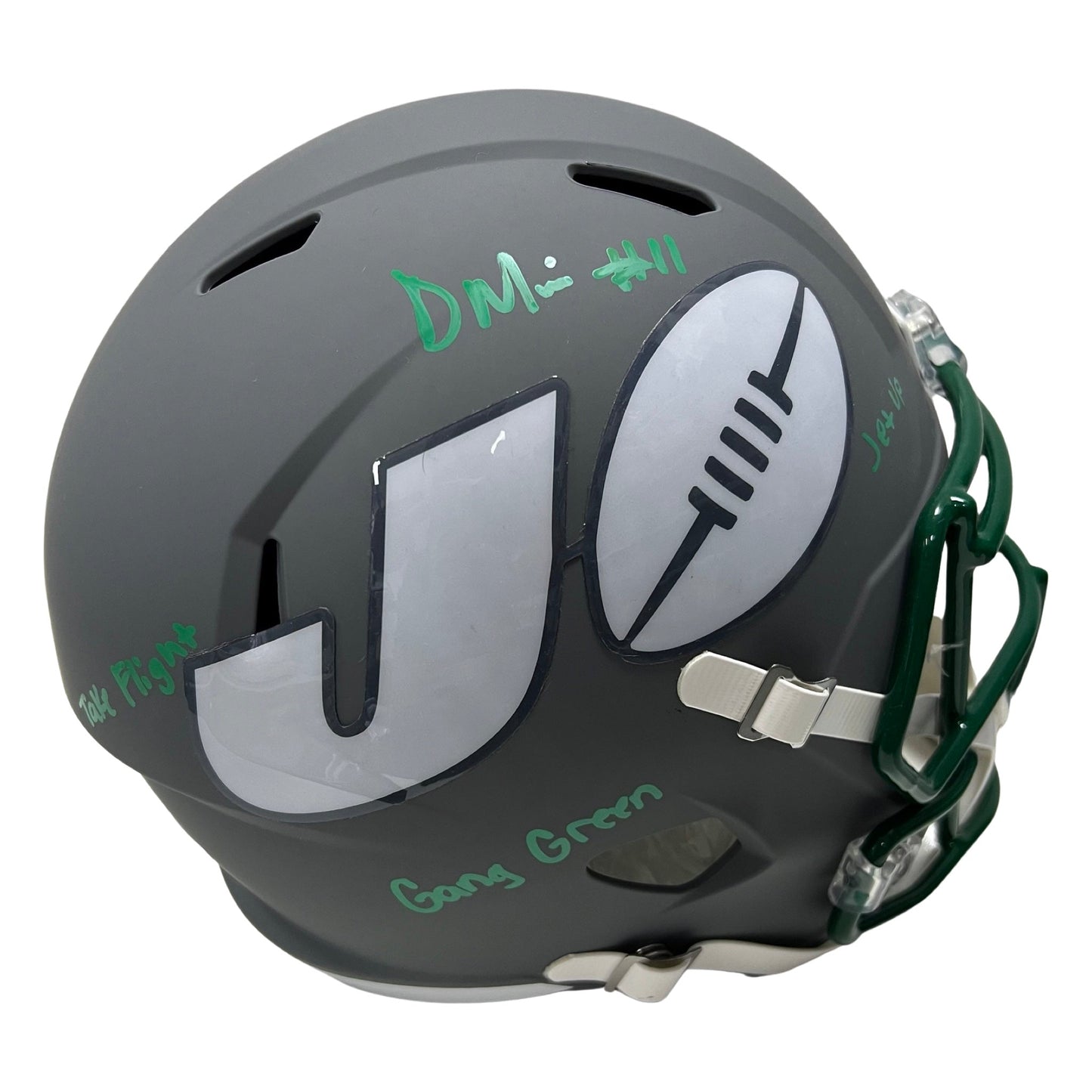 Denzel Mims Autographed New York Jets Amp Replica Helmet Take Flight, Gang Green, Jet Up Inscriptions JSA