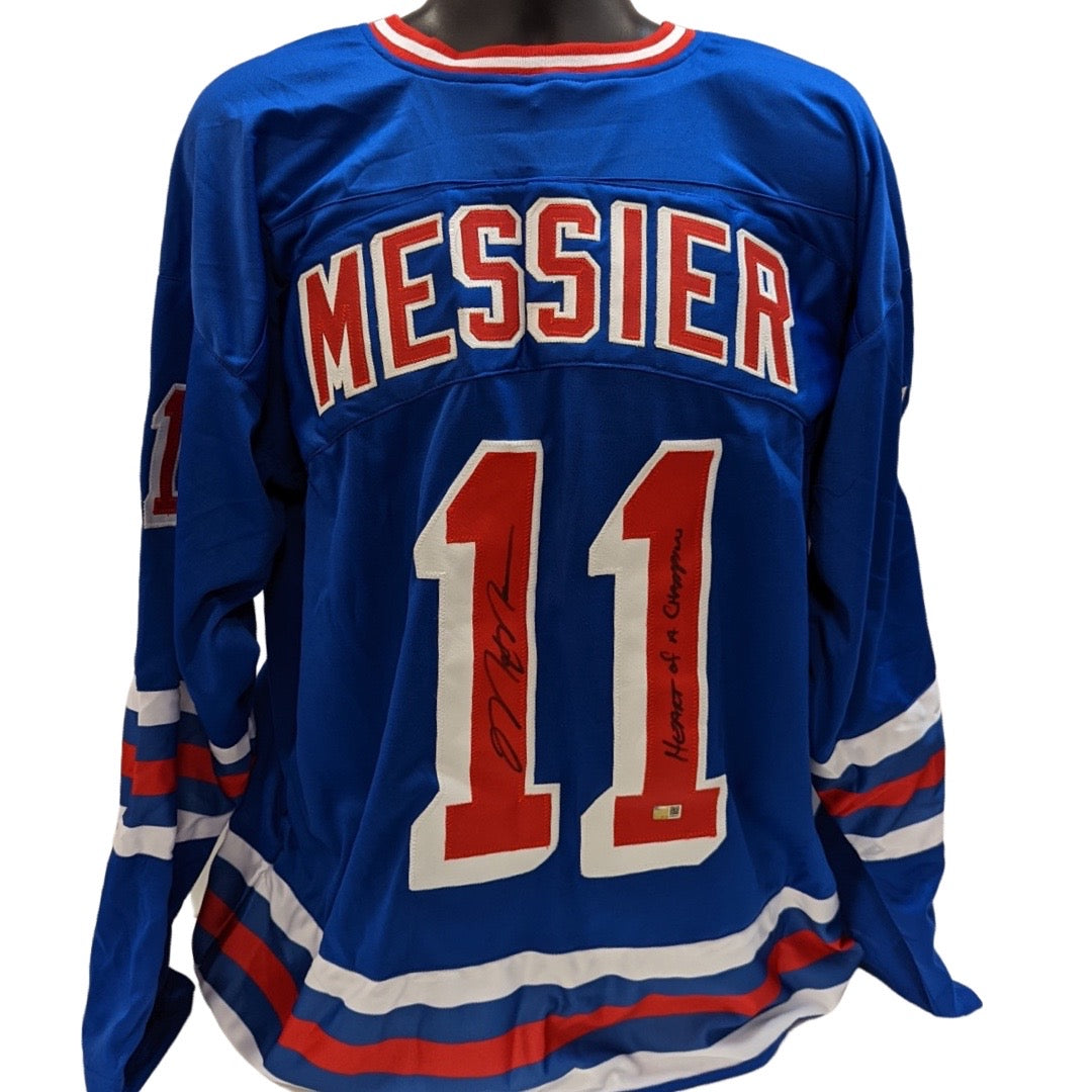 Mark Messier Autographed New York Rangers Blue Jersey “Heart of a Champion” Inscription Steiner CX