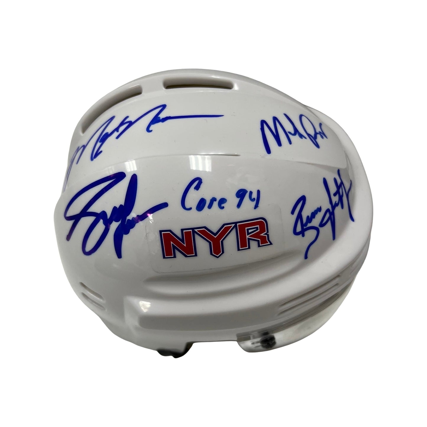 Mark Messier, Mike Richter, Brian Leetch & Adam Graves Autographed New York Rangers White Mini Helmet Core 94 Inscription Steiner CX