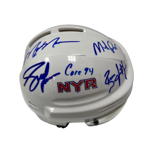 Mark Messier, Mike Richter, Brian Leetch & Adam Graves Autographed New York Rangers White Mini Helmet Core 94 Inscription Steiner CX
