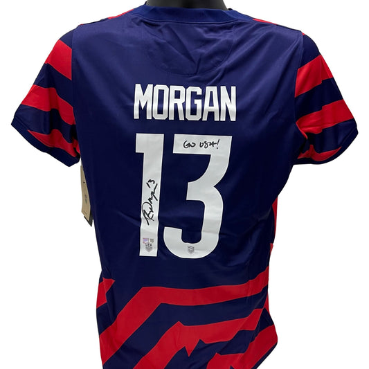Alex Morgan Autographed USA Soccer Nike Navy/Red Jersey Go USA Inscription Steiner CX