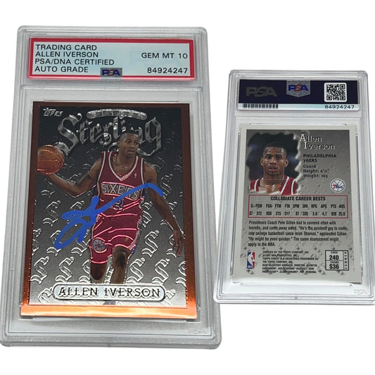 1996 Allen Iverson Topps Finest Sterling Rookie Card #240 Autographed PSA GEM MT 10